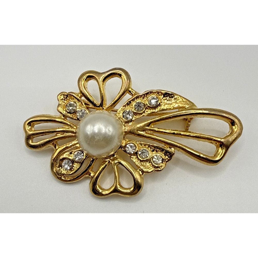 Faux Pearl Spray Brooch Gold Tone Swag Swirl Cluster Rhinestone Pin 2.5"